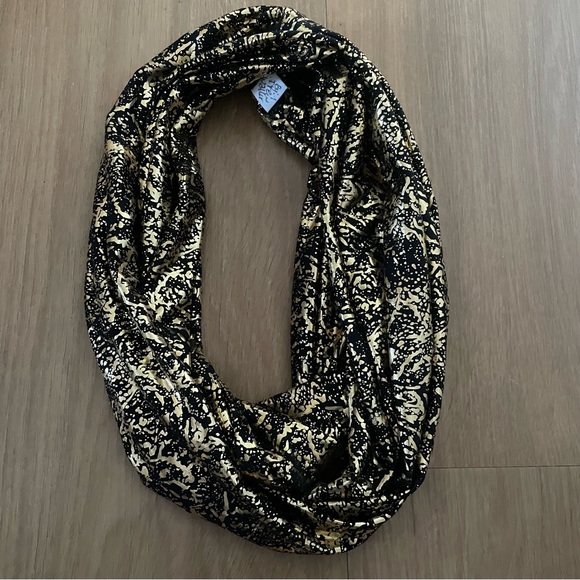 Black and Metallic Gold Print Infinity Circle Scarf Handmade by Local Artisan - Picture 8 of 10